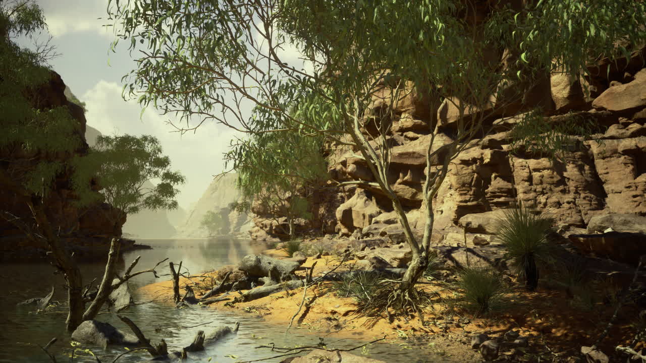 Peaceful riverside landscape with lush green trees and rocky cliffs at dusk