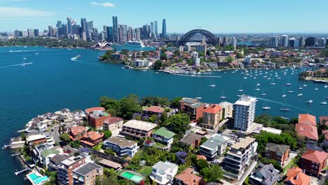 Drone-aerial-beautiful-Sydney-harbour-CBD-scenery-city-skyline-Harbour-Bridge-Opera-house-residential-unit-apartments-North-Sydney-Cremorne-Neutral-Bay-Kirribilli-NSW-Australia-travel-tourism-4K