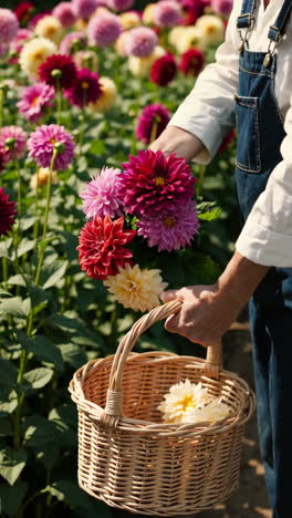 a person harvesting colorful dahlias in a vibrant flower field