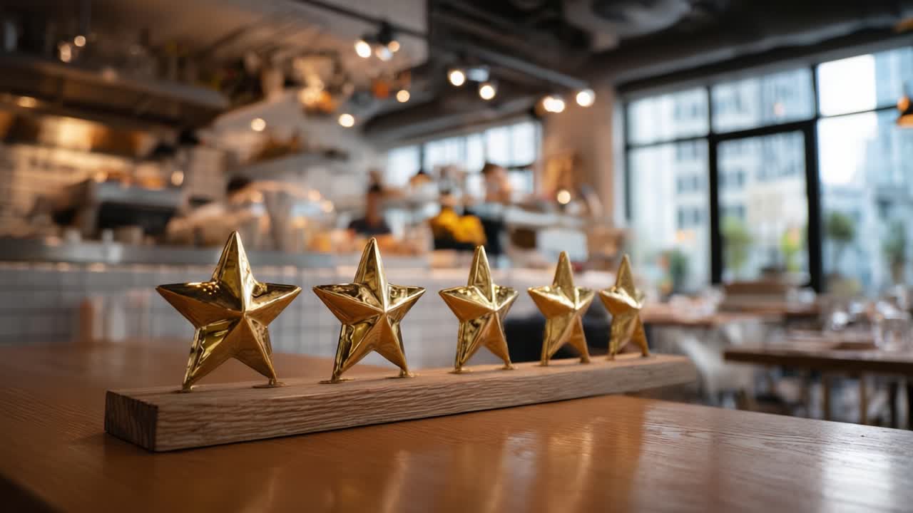 A Glorious Display of Golden Stars on a Wooden Stand Inside a Cozy and Bright Restaurant, Showcasing Excellence and Ambiance with a Touch of Elegance