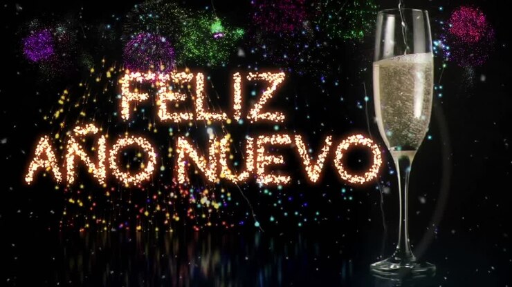 Animación de saludos de texto de Feliz Año Nuevo sobre una copa de champán y fuegos artificiales