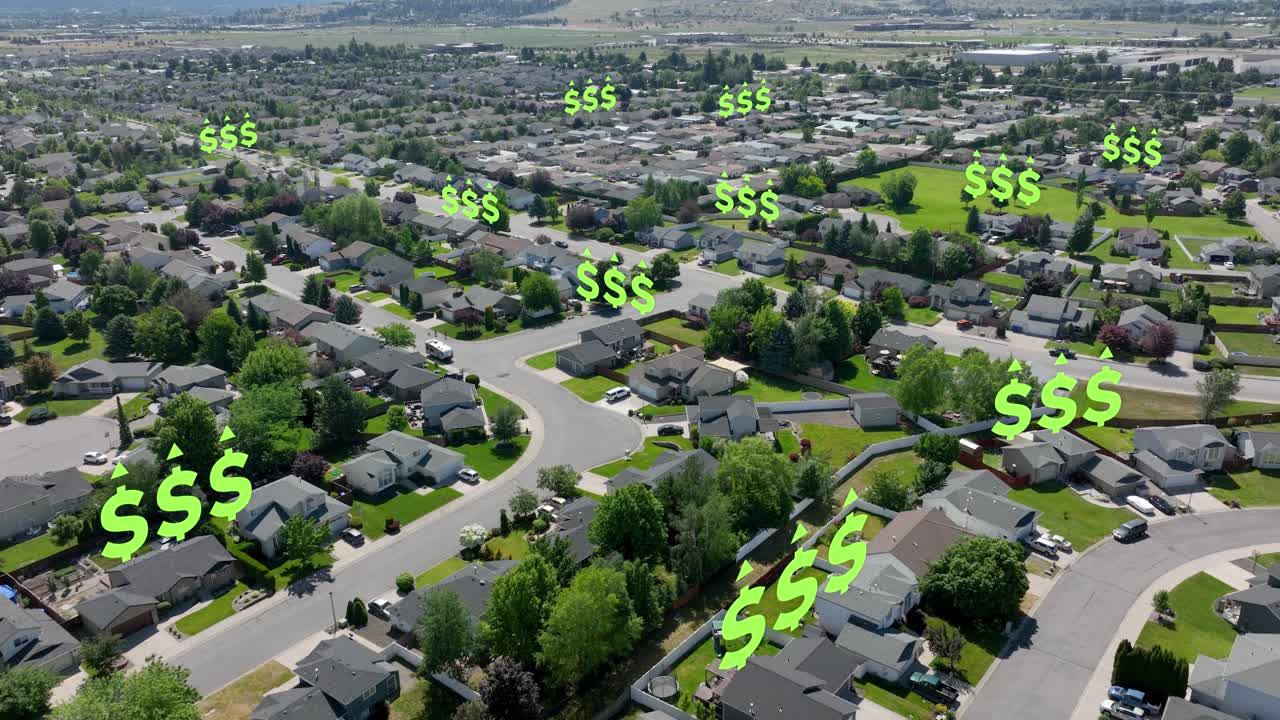 Aerial view of rising house prices in a suburban neighborhood
