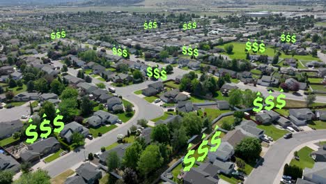 aerial view of rising house prices in a suburban neighborhood