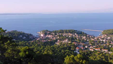 beautiful aerial view of the city of mali losinj surrounded by forest in the coast of croatia