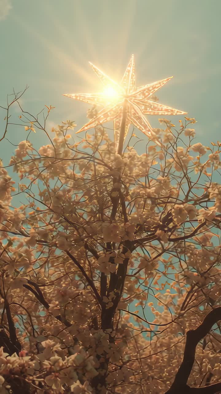 Vertical video: Camera tilting magnolia tree in yard, sun moving behind star lamp creating flares