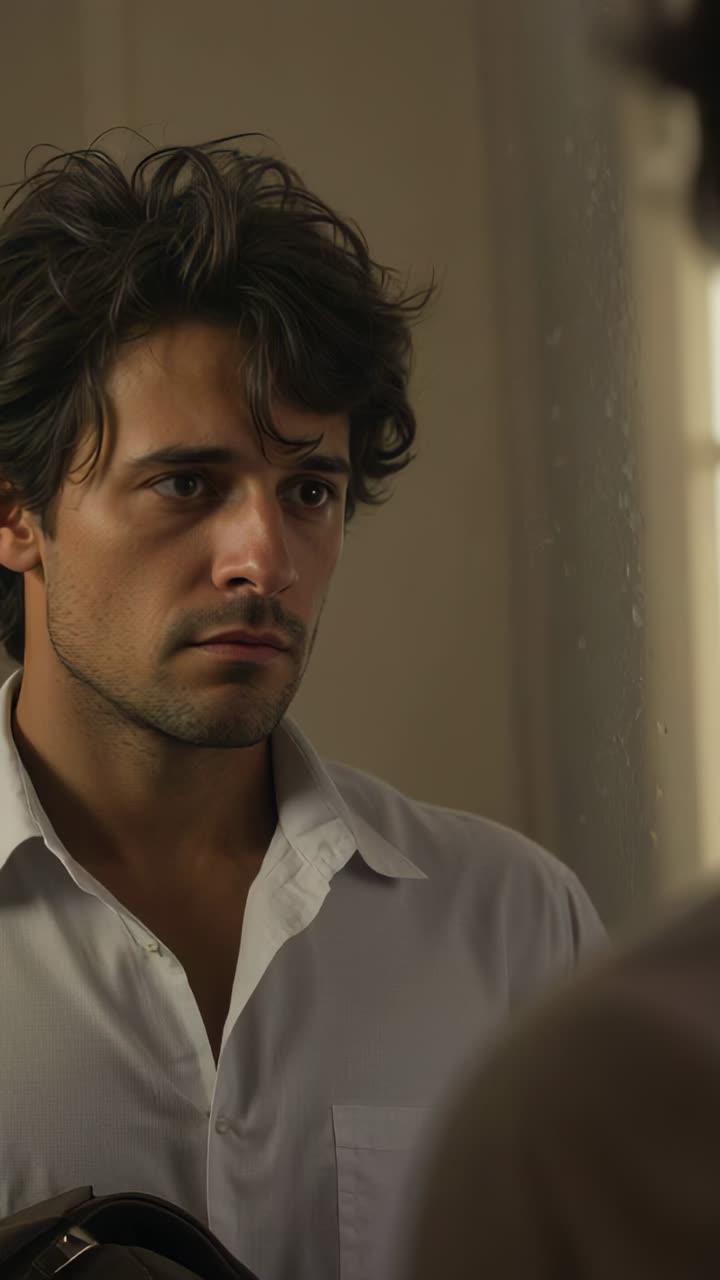 Vertical video: Hearing off-frame voice, man in white shirt holding bag strap, listening in room