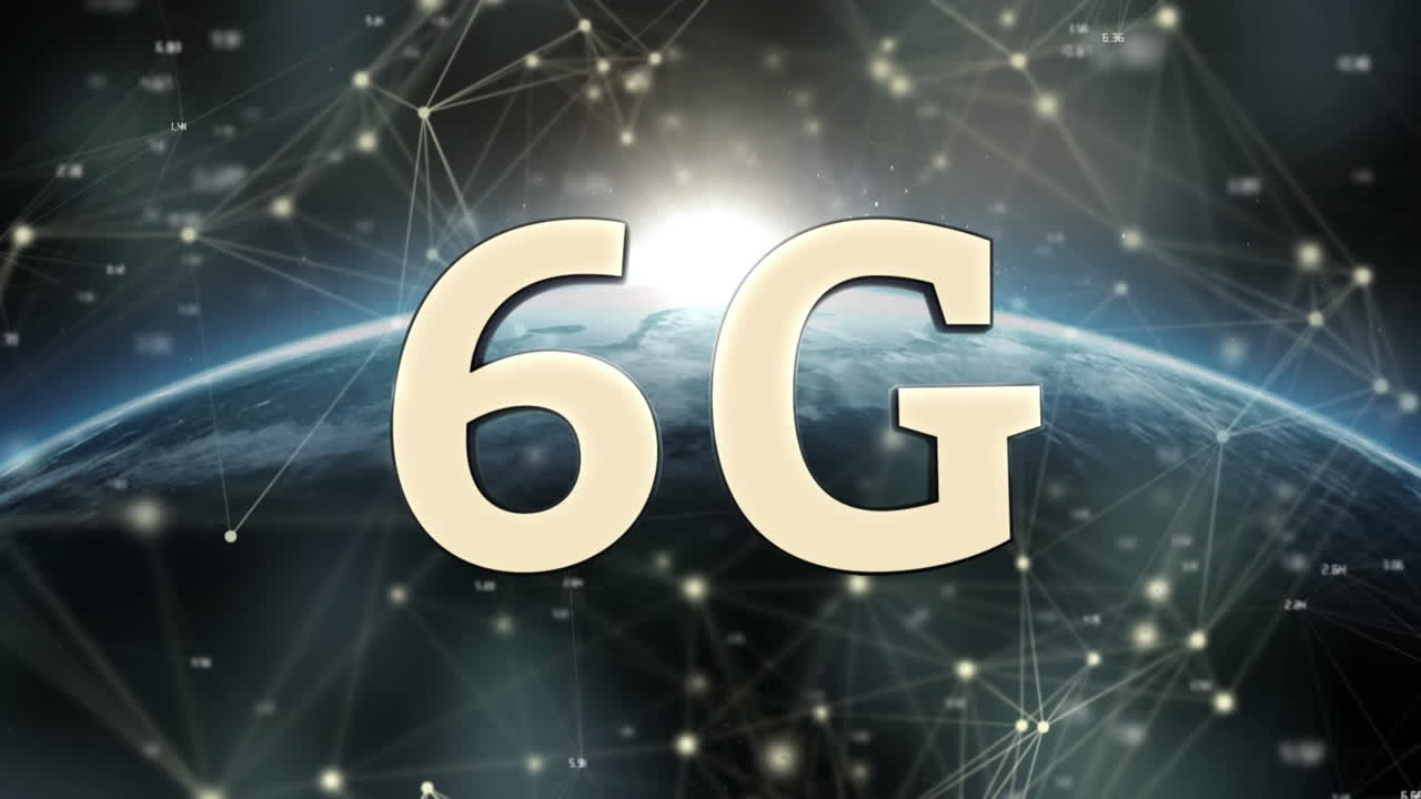 Animation of 6g text over globe and network of connections in background