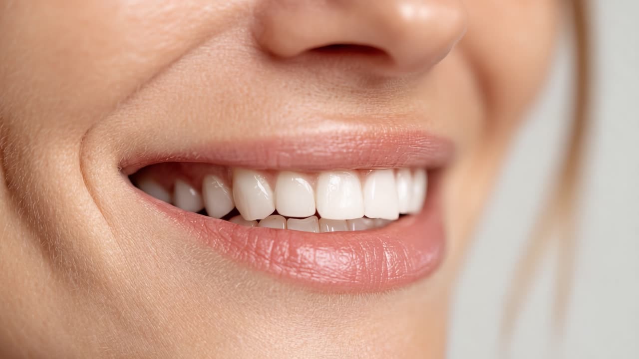 Close-Up of a Smiling Woman's Face Highlighting Healthy Teeth and Radiant Smile, Emphasizing the Beauty of Dental Care and Oral Hygiene