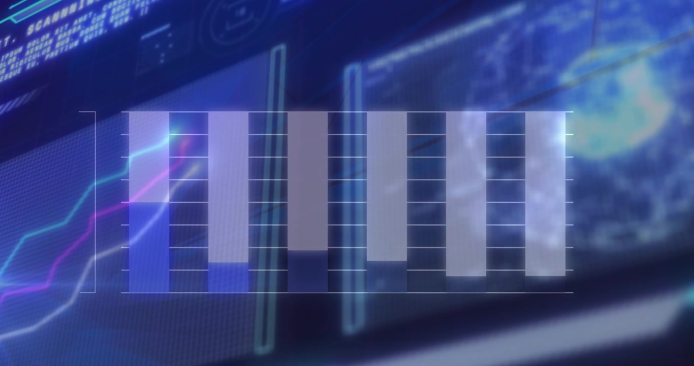 Digital Data Visualization with Animated Bar Charts and HUD Interface