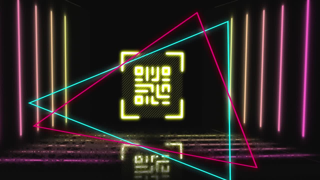 animación de un código qr brillante sobre formas geométricas de neón