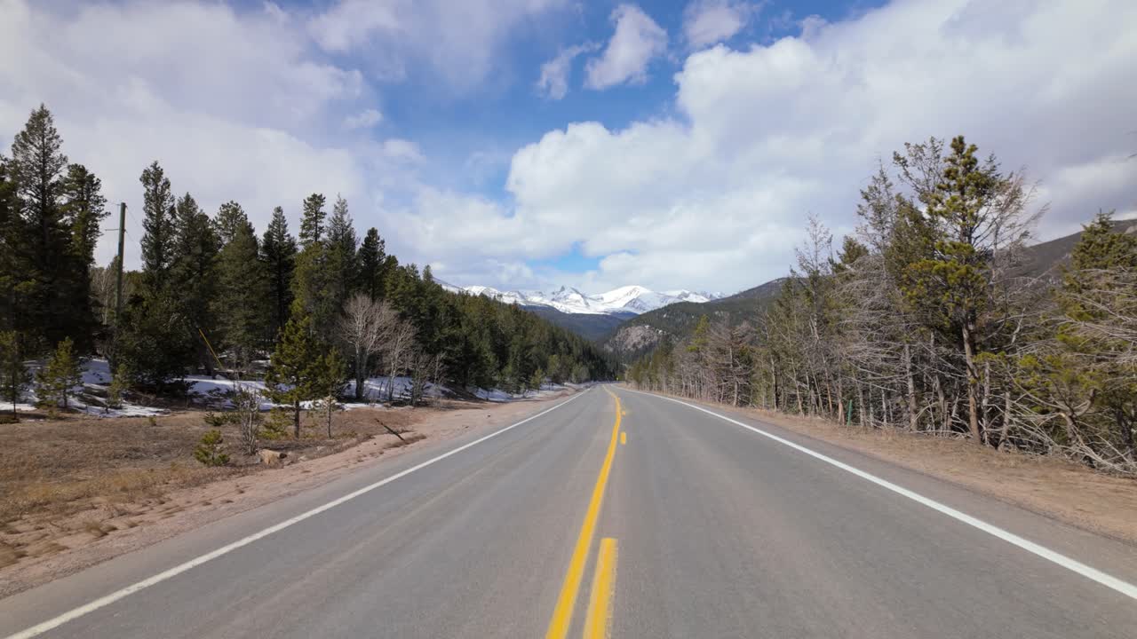 Colorado State Highway 7 With Stunning View Of Snow-capped Rocky Mountains. wide shot