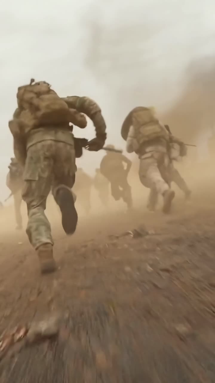 Soldiers Running Through Dusty Battlefield During Combat Operation