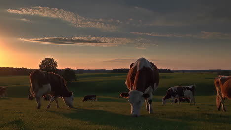 cows grazing in a lush green field at sunset
