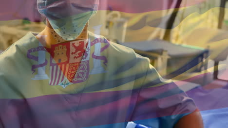 animation of flag of spain waving over female doctor in hospital