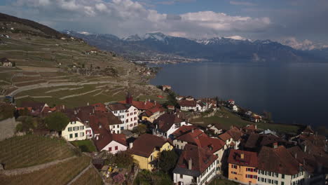 Toma-Aérea-Lenta-Sobre-Viñedos-Y-Casas-En-Rivaz,-Suiza