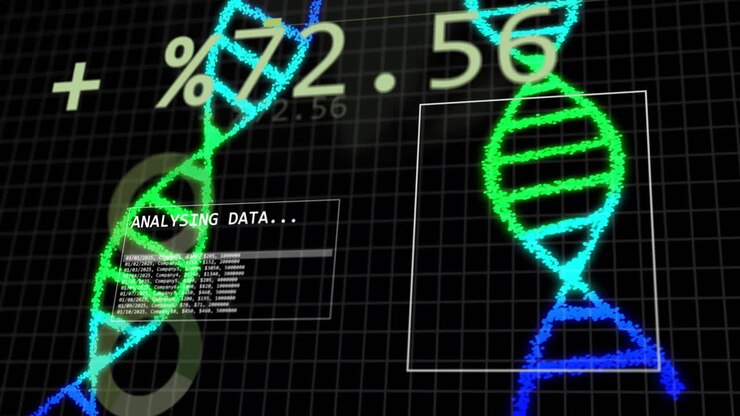 Animation of dna strands over data processing on black background