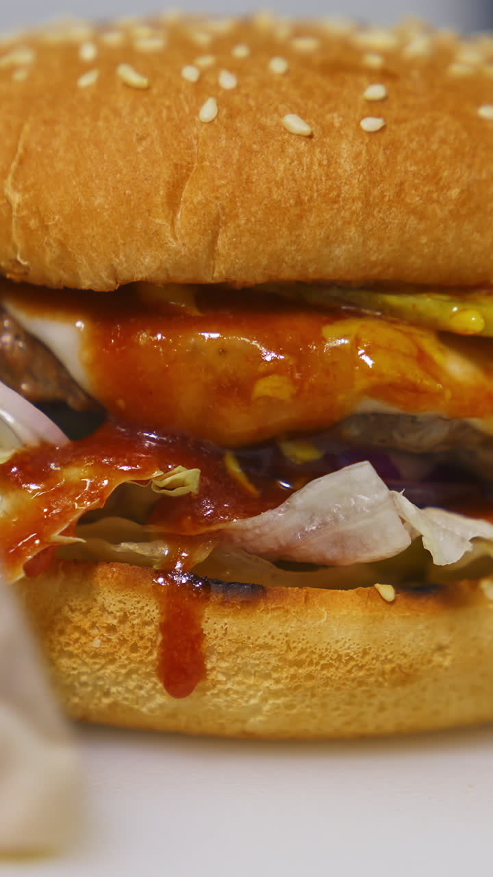 Close up of a double cheeseburger
