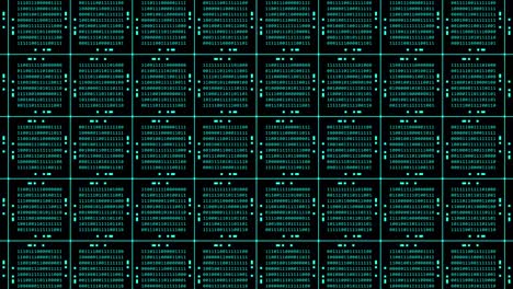 Abstract technology background animation in 4K - turquoise blocks of random changing binary code arranged as a square grid on black background