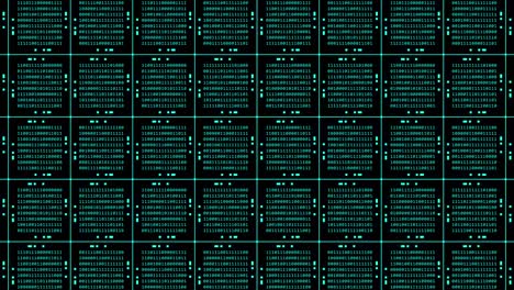 abstract technology background animation in 4k - turquoise blocks of random changing binary code arranged as a square grid on black background