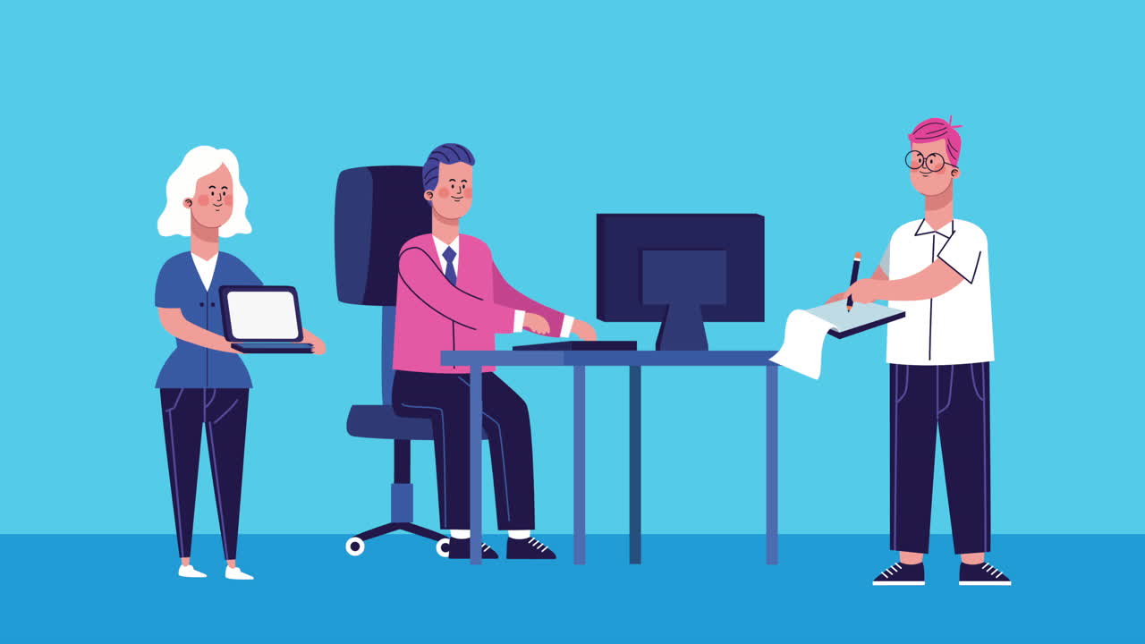 Business people using computers in the office characters animated ...