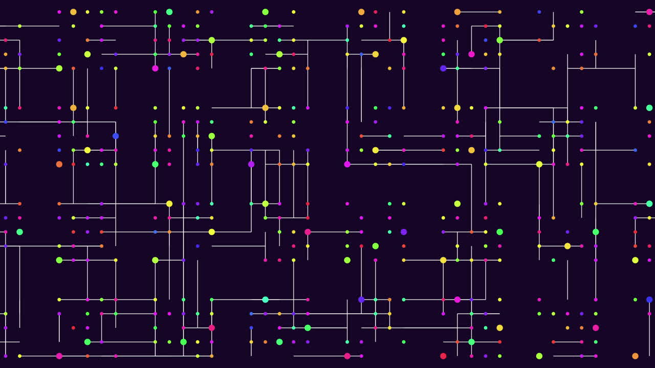 Abstract colorful network nodes and lines on dark background technology footage