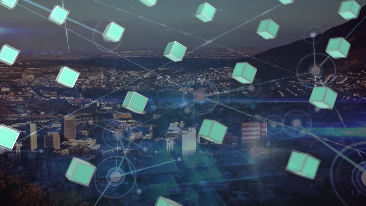 animación de la red de conexiones sobre el paisaje urbano y las formas