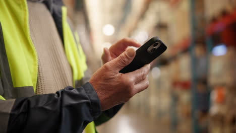 worker using mobile phone in warehouse