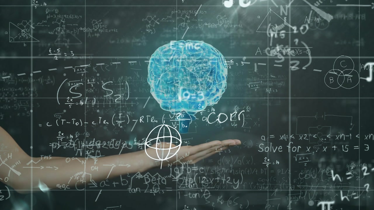 Grid showing equations, hand raising 3D brain, symbols shifting to abc showing learning