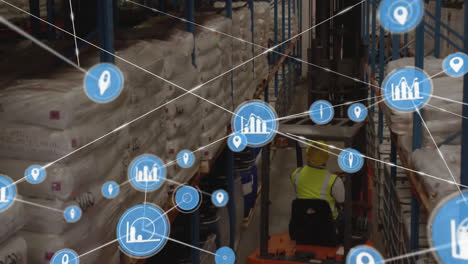 animation of network of connections over caucasian man in forklift working in warehouse