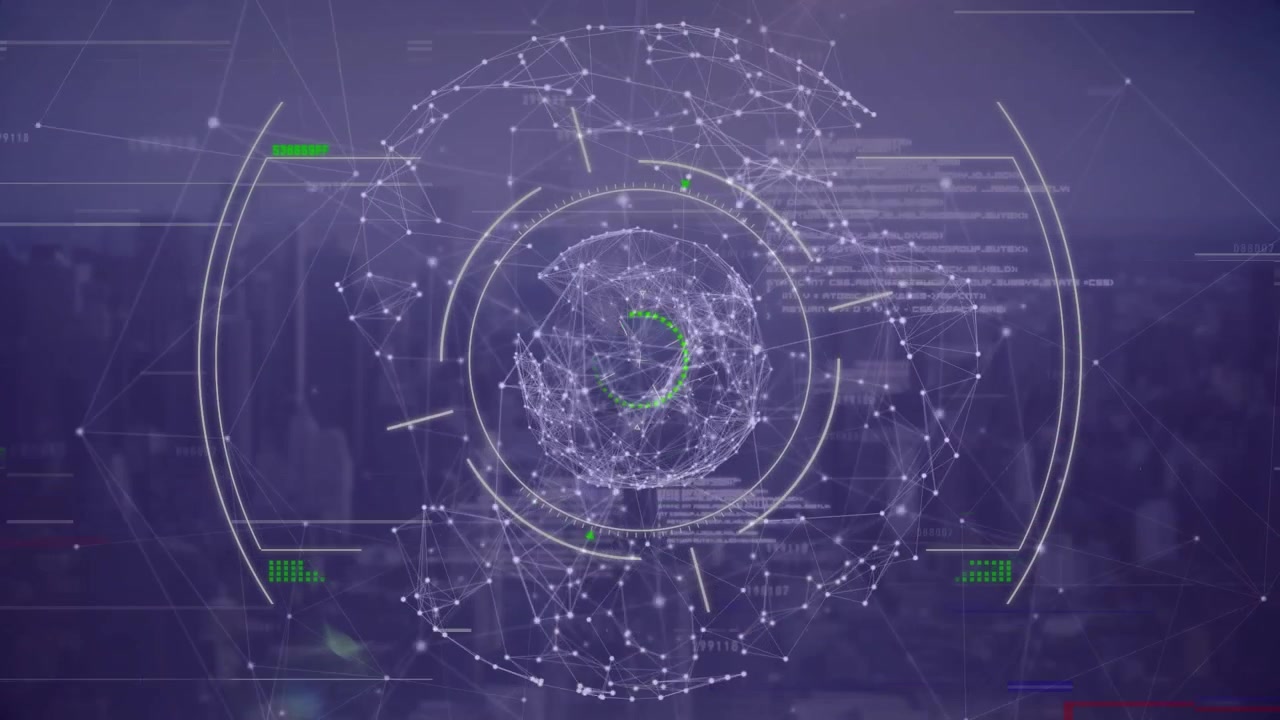 Animation of globe scope scanning and network of connections over woman