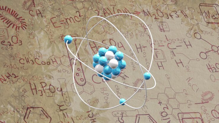 Animation of micro of atom models over chemistry formulae on yellow background