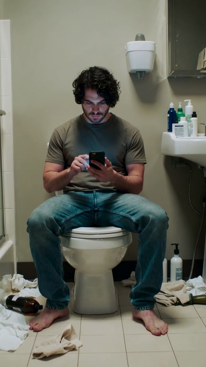Vertical video: Sitting man in olive tee and jeans, barefoot, scrolling phone on toilet in bathroom
