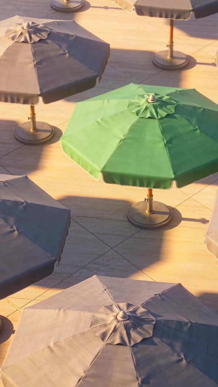 Video verticale: Telecamera che effettua una panoramica rivelando una tettoia verde su terrazza piastrellata, mostrando i pali.
