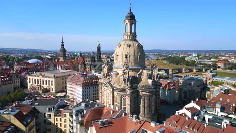spectacular aerial top view flight dresden city women church frauenkirche city town germany, summer sunny blue sky day 23
