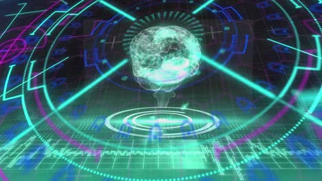animación de un cerebro humano brillante y escaneo de alcance con procesamiento de datos en el fondo