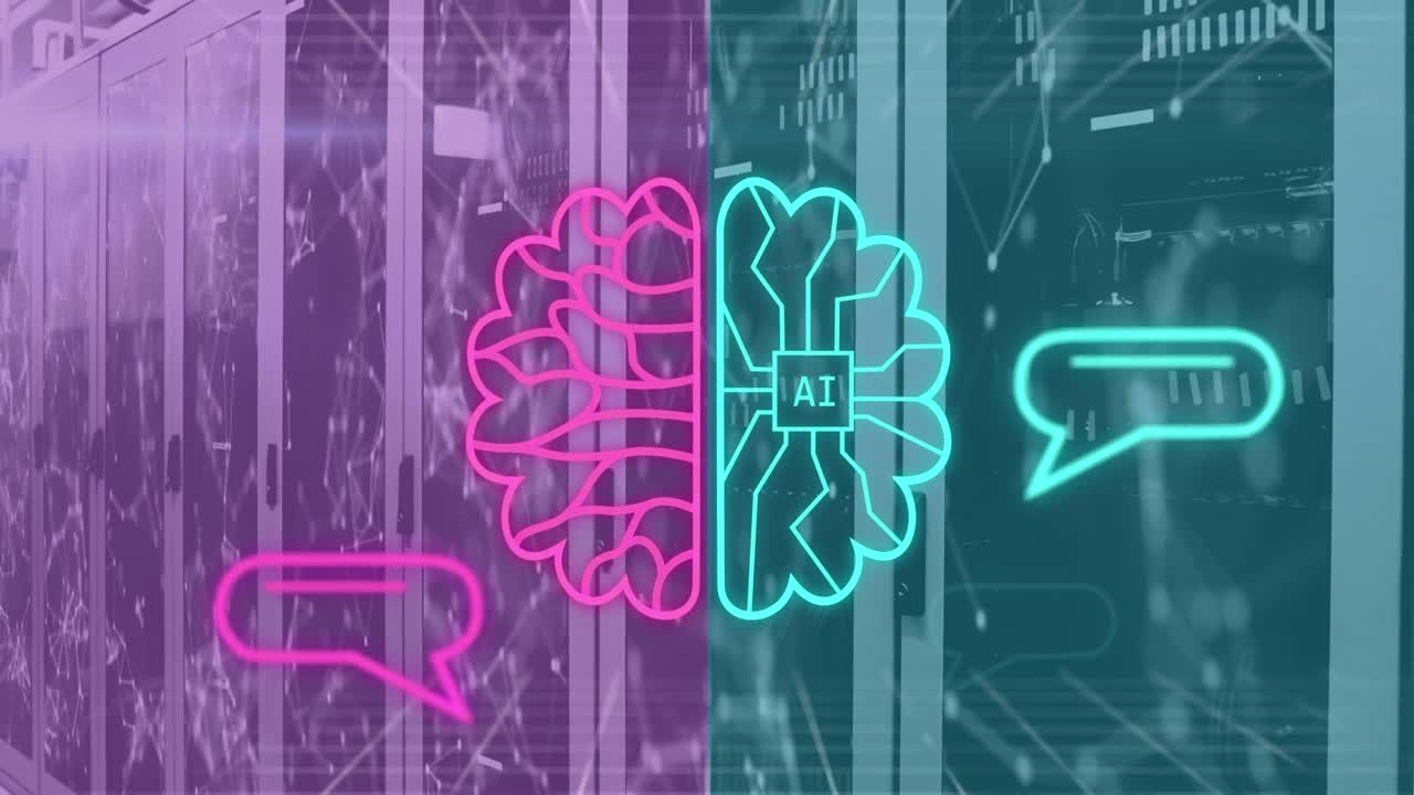 animación de todo el texto y el icono, procesamiento de datos a través de servidores informáticos