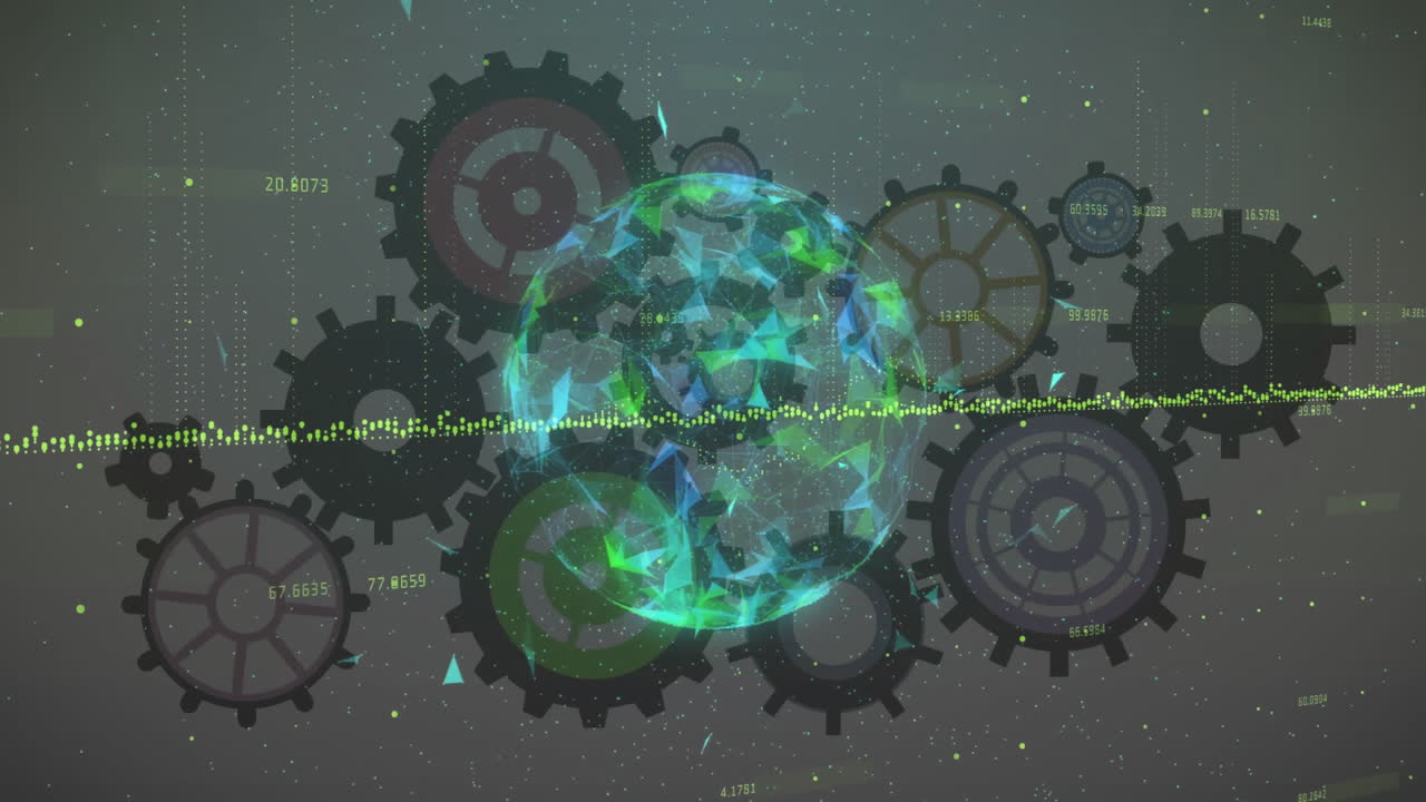 Glowing globe with gears and data processing animation in futuristic style