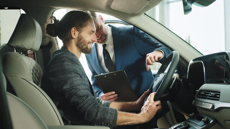 Venditore di auto che illustra le funzionalità del veicolo a un potenziale acquirente