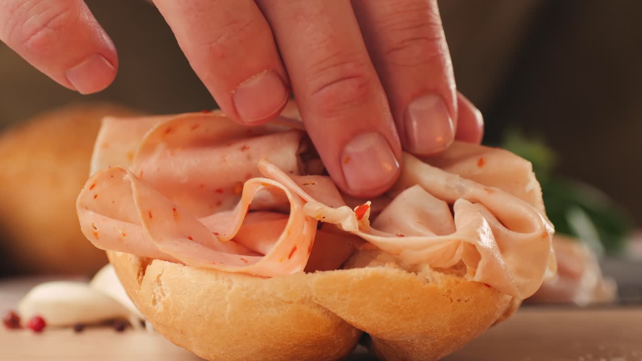 Mortadella ham sandwich, Traditional italian focaccia filled with thin pesto slices of mortadella, served by chef man in cafe restaurant. Macro of traditional italian spanish tapas antipasti.