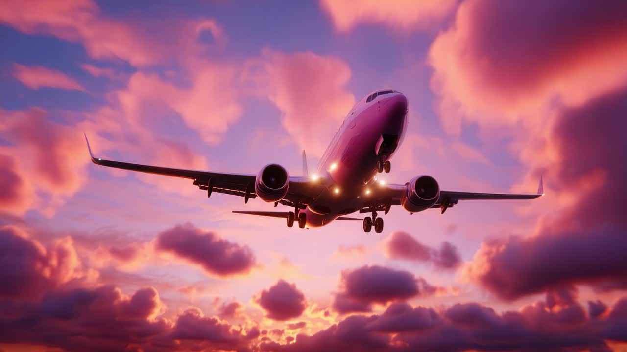 A majestic airplane captured in stunning flight against a vibrant sunset sky filled with colorful clouds, showcasing the beauty of aviation and travel in an enchanting atmosphere