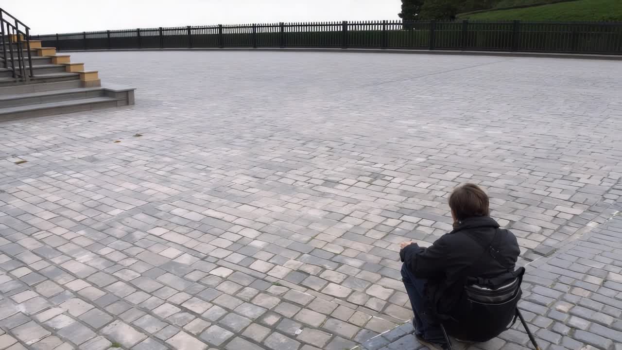 Homem gravando sentado em uma cadeira dobrável, usando jaqueta escura e observando uma praça vazia, com espaço para texto