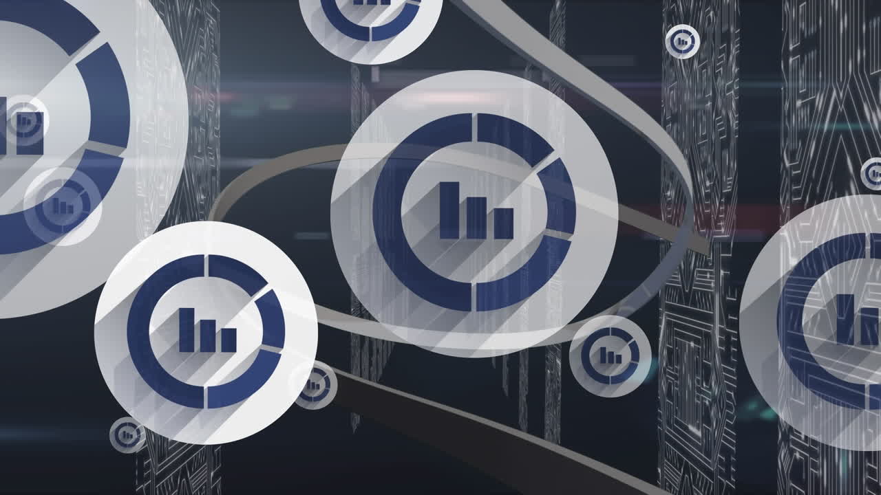 animación de iconos de diagramas sobre la sala del servidor