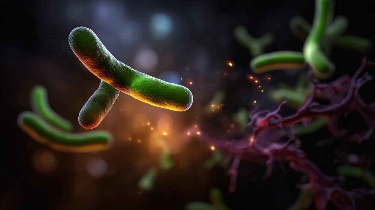 Microscopic View of Bacteria in Action: A Stunning Representation of Microorganisms Highlighting Their Intricate Structures and Interactions in a Colorful Environment