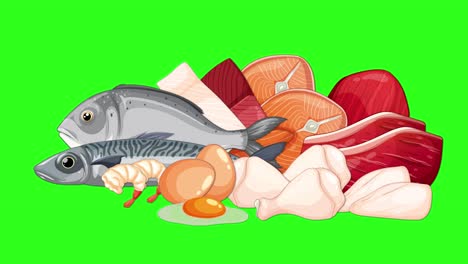 a static arrangement of raw fish, red meat, poultry, and eggs displayed on a bright green background in a seamless, loop-ready animation style
