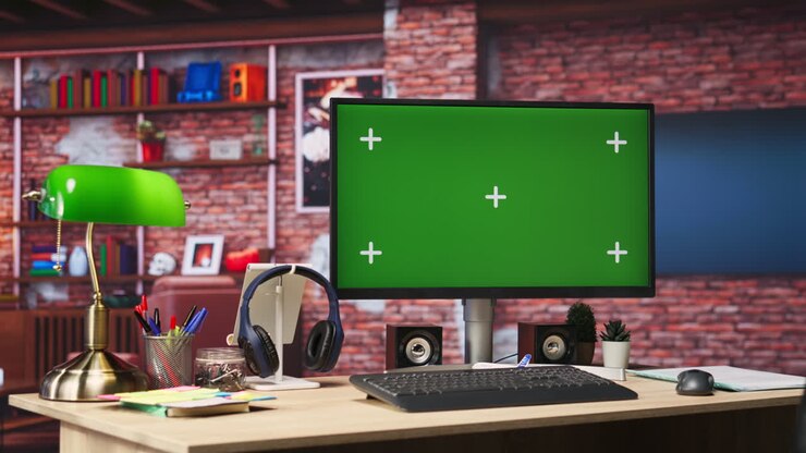 Display del PC desktop a schermo verde su un'accogliente scrivania per l'ufficio a casa
