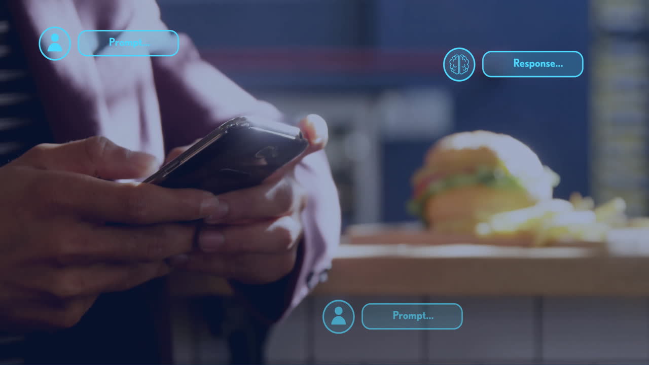 animación de procesamiento de datos sobre un hombre caucásico usando un teléfono inteligente