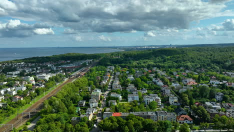 aerial view of a coastal city with residential homes, lush forests, and a railway line