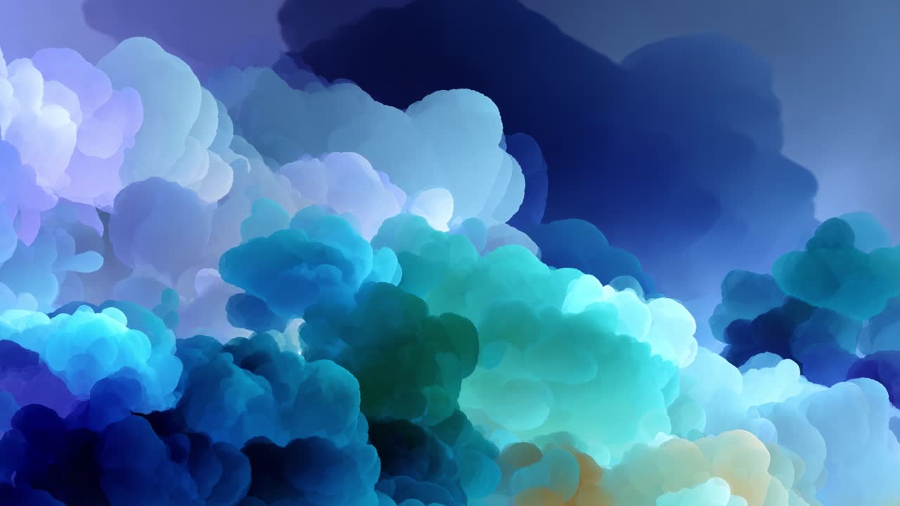 A mesmerizing swirl of vibrant colors and soft textures fills the frame, depicting ethereal clouds of blue, teal, and purple in a dreamlike abstract landscape