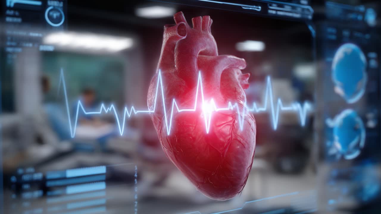 3D-visualisering af et menneskehjerte omgivet af digitale sundhedsdata og en EKG-linje, der symboliserer vitale tegn og hjerteaktivitet i et moderne medicinsk miljø.