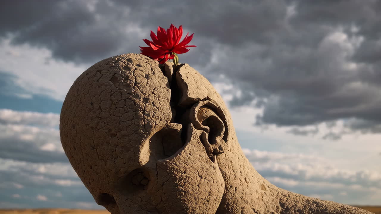 Resilience of Nature: Flower Growing from a Cracked Stone Head
